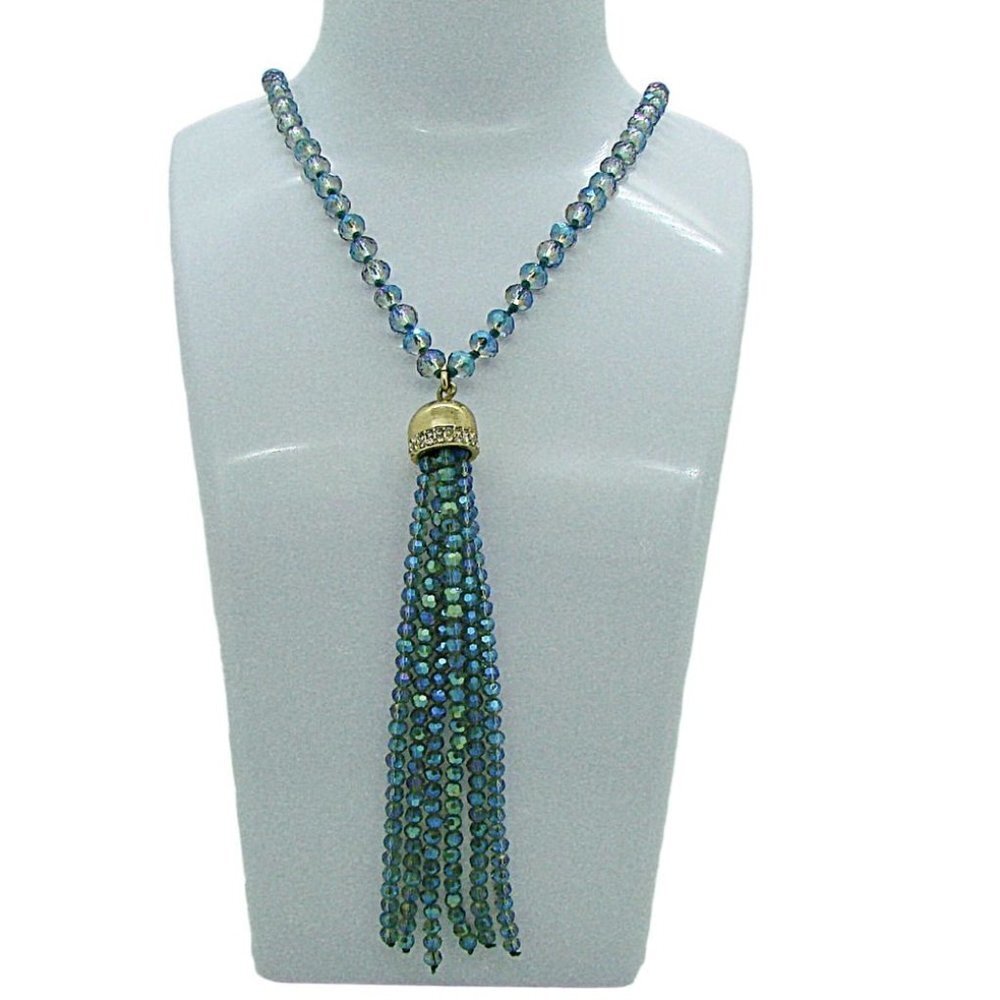 Mermaid Blue Faceted Crystal Pearl Rondelle Y Tassel Long Necklace 40"Adjustable